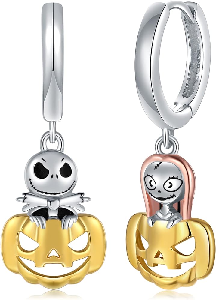 Jack and Sally Nightmare Pumpkin Earrings - Silver Jack & Sally Hoop Earrings for Women, Nightmare Before Christmas Pumpkin Hoop Earring Jewelry Halloween Christmas Valentine's Day Gifts for Girls