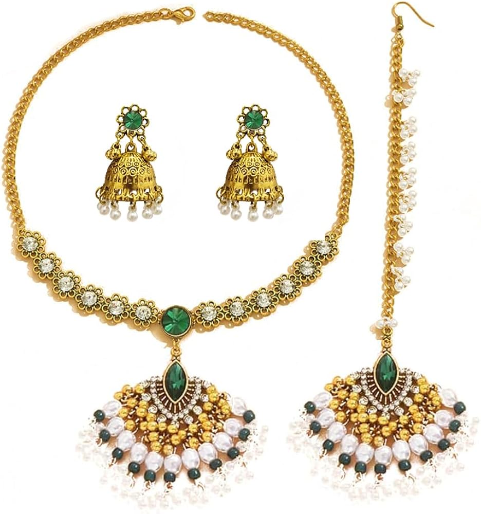 Indian Jewelry Set For Women Bollywood Antique Rhinestone Jhumka Tassel Jewellery Wedding Outfits Pendent Choker Necklace Earrings Bridal Maang Tikka Fancy Party Dance Costume Girls Accessories Boho Traditional Gift