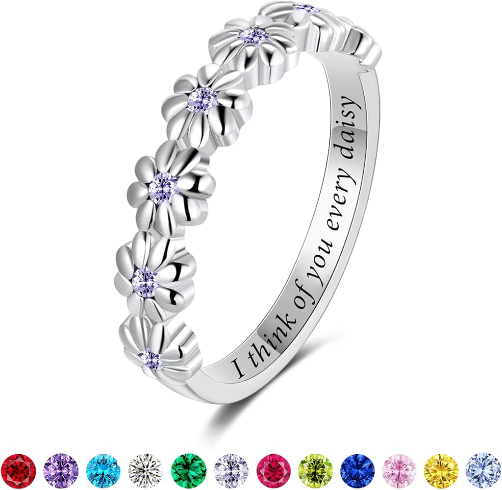 Dainty Daisy Ring for Women, S925 Sterling Silver 12 Birth Month Stone Flower Ring For Girl Daughter, I Think Of You Every Daisy Ring