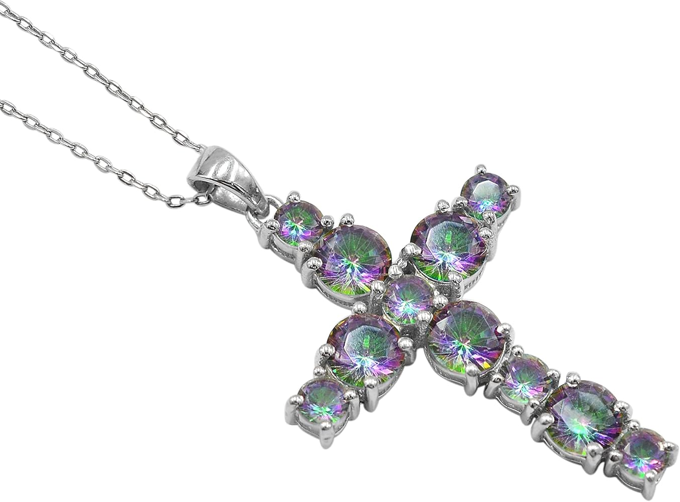 925 Sterling Silver Rainbow Fire Mystic Topaz 6 MM Round Gemstone Holy Cross Pendant Necklace November Birthstone Mystic Topaz Jewelry Birthday Gift For Wife (PD-8396)