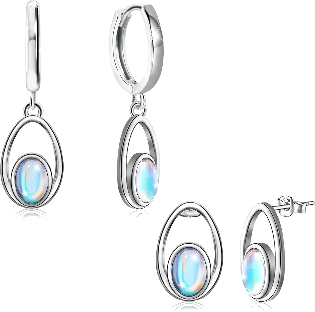 Moonstone Earrings for Women- Sterling Silver Moonstone Hoop Earrings Oval Teardrop Stud Earrings Birthday Jewelry Gifts for Wife Mom Girlfriend