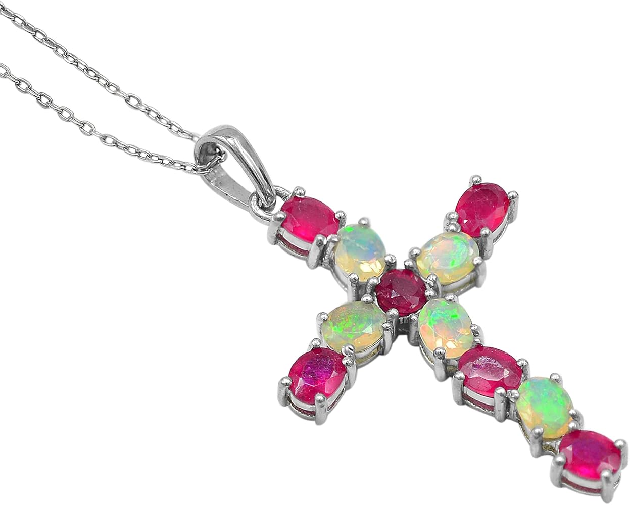 July Birthstone Natural Ruby & Ethiopian Welo Opal 5X4 MM Oval Cut Gemstone 925 Sterling Silver Holy Cross Pendant Necklace Ruby Jewelry Proposal Gift For Girlfriend (PD-8389)