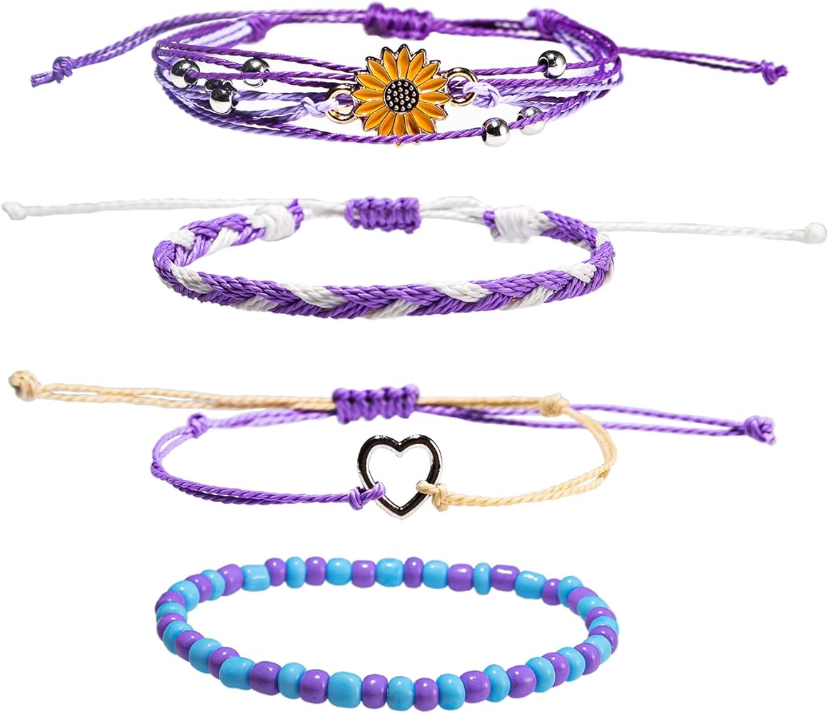 COLORFUL BLING 4-Piece Summer Surf Anklet Bracelet Adjustable Chain Braided Rope Bracelet Sunflower Heart Beads Friendship Bracelet Beach Surf Jewelry Girl-C Purple