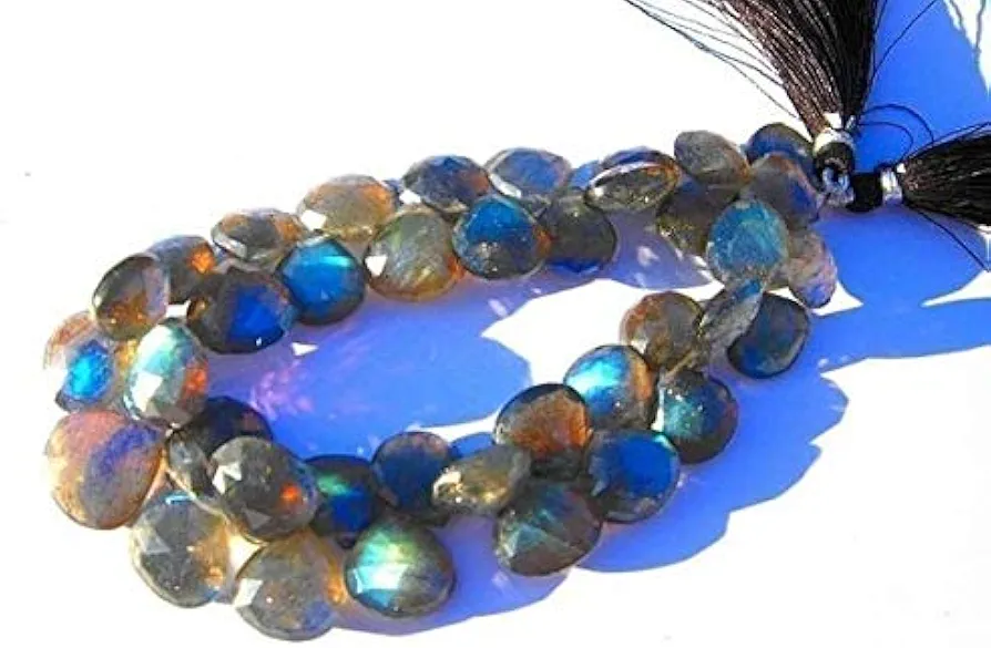 Blue Flashy Labrarite Faceted Heart Briolettes Size 8-10mm 4 Inch Long Long per Half Strand Code-HIGH-40425