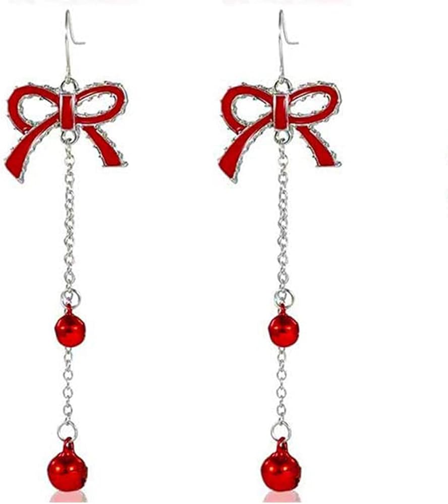 Christmas Jingle Bell Dangle Drop Hook Earrings for Women Girls Red Ball Beads Dangling Bow Knot Threader Tassel Chain Earrings Garland Statement Hoops Studs Xmas Party Jewelry Gifts