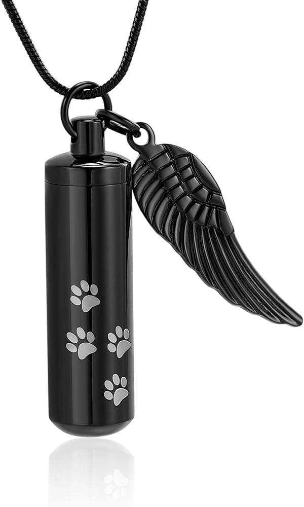 Cylinder Urn Necklace for Ashes Paw Print Cremation Jewelry Stainless Steel Memorial Necklace/Keychain with Angel Wing Ash Holder for Human Cat Dog Kepsake Jewelry with Fill Tool