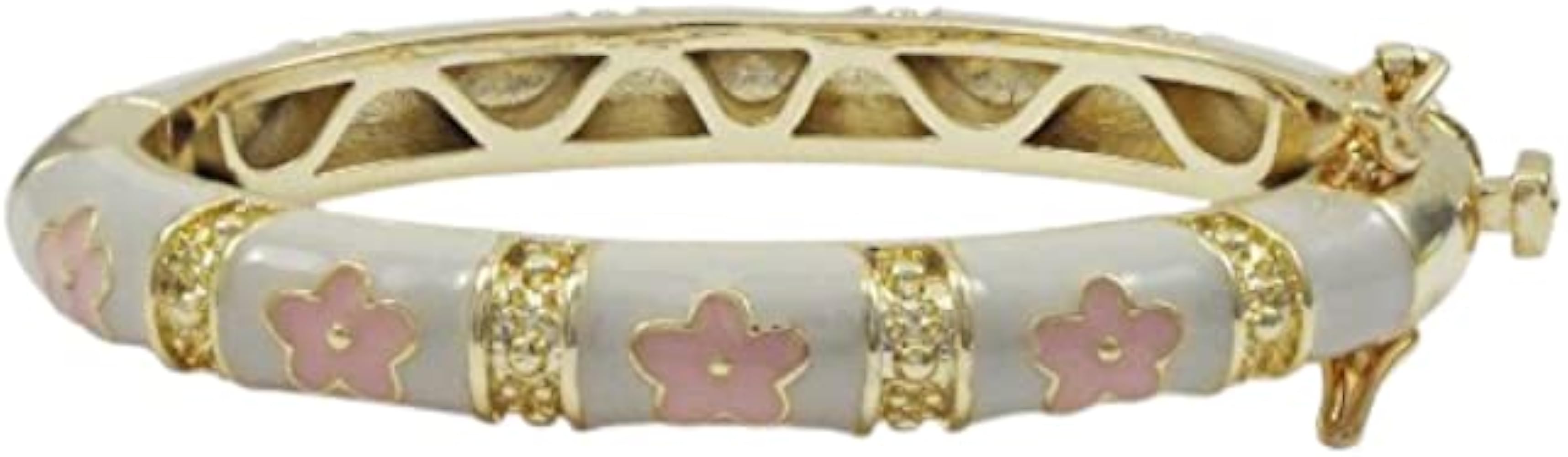 Gold Finish White Enamel Pink Flowers Girls Bangle Bracelet