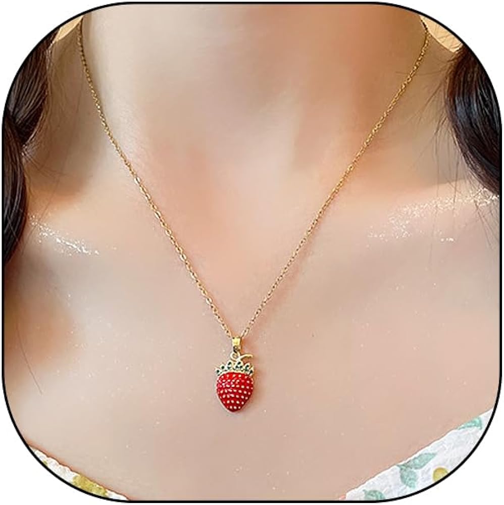 14k Gold Strawberry Pendant Necklace for Teen Girls Sweet Cute Crystal Red Strawberry Choker Trendy Adjustable Strawberry Fruit Necklace Jewelry Gift