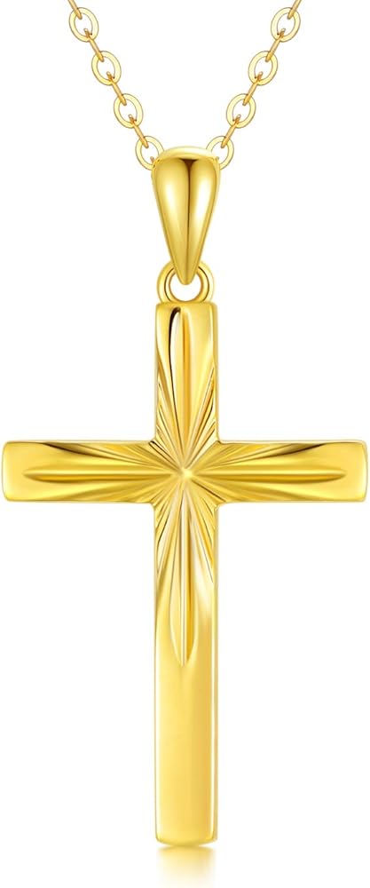 14K Solid Gold Cross Necklace for Women, Delicate Gold Italian Diamond-cut Cross Pendant Necklace Religious Jewelry for Girl, Wife, Mom, 16"-18"