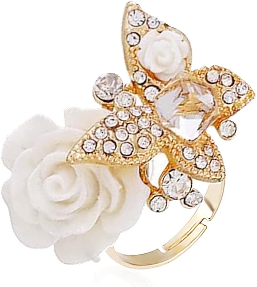 Dtja CZ Butterfly Flower Wedding Ring for Women Girls Statement Engagement Rectangle Rhinstone Aryclic Rose Adjustable Open Wrap Finger Rings Comfort Fit Cocktail Party Vintagage Jewelry Gift