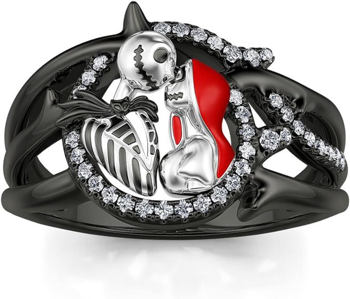 Jeulia Gothic Skull Diamond Rings: Sterling Silver Jack and Sally Skeleton Rings Band Halloween Romantic Nightmare Jewelry for Her Engagement Anniversary Christmas with Gifts Box