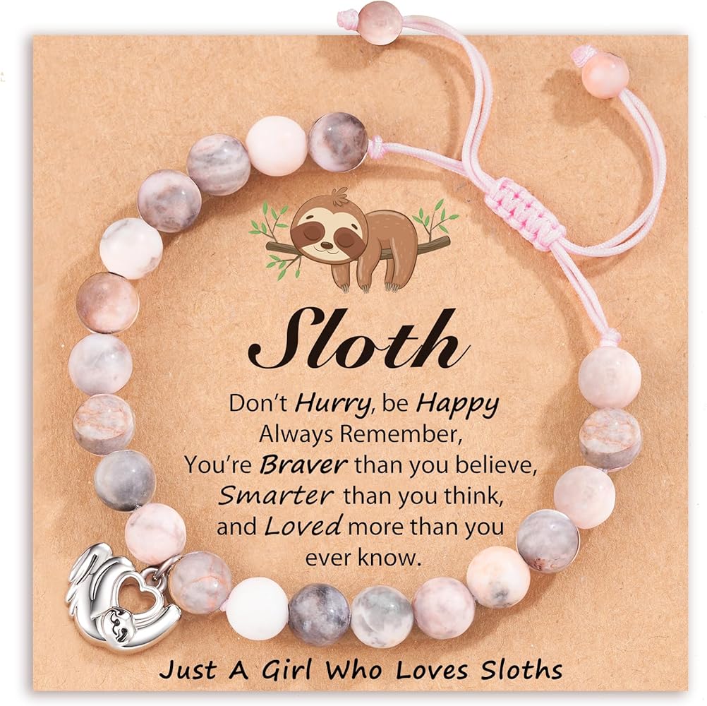 Sloth Bracelet for Women Teens - Adjustable Silver/Natural Stone Sloth Charm Bracelet