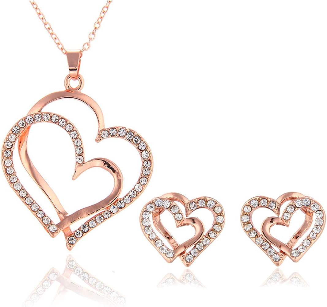 14K Rose Gold Silver Double Heart Shaped Necklace Shiny Crystal Stud Earrings Wedding Jewelry Set Best Gifts