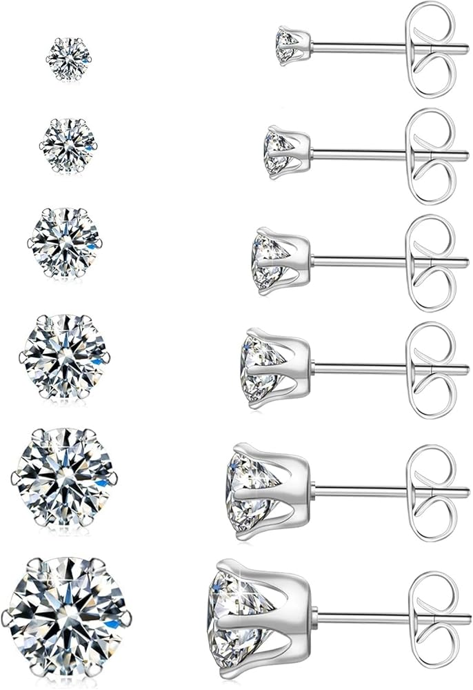 Stud Earring Set 5 pairs 3/4/5/6/8 mm, Hypoallergenic Cubic Zirconia Stainless Steel Earrings, Silver