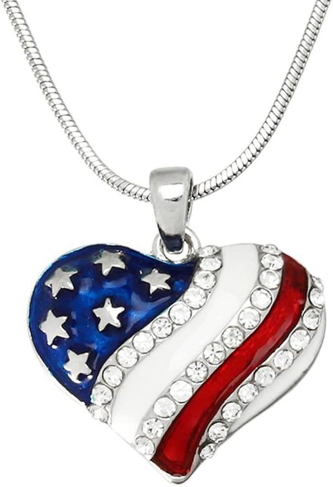 Patriotic Red White Blue American USA Flag Heart Pendant Necklace 4th of July Independence Day Gift…