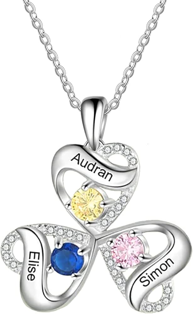 10K/14K/18K Gold Personalized Birthstone Heart Pendant Necklace Sterling Silver Custom 3~5 Name Birthstone Necklace Gemstone Jewelry for Wife, Family, Friend, Her