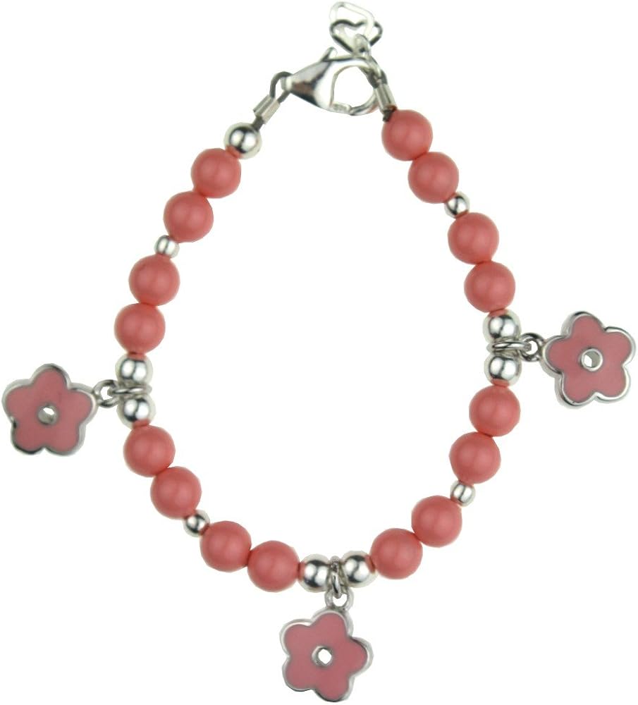 Elegant Enamel Flowers with Coral European Simulated Pearls Sterling Silver Keepsake Baby Girl Bracelet Gift (BCPEF)