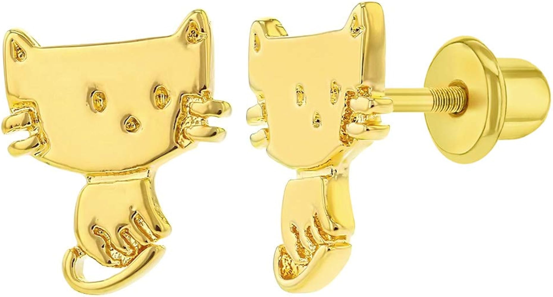 Gold Plated Cat Kitten Safety Screw Back Earrings for Kids, Toddlers, and Little Girls - Cute and Charming Animal Jewelry for Children - Lightweight and Comfortable Jewelry For Kids