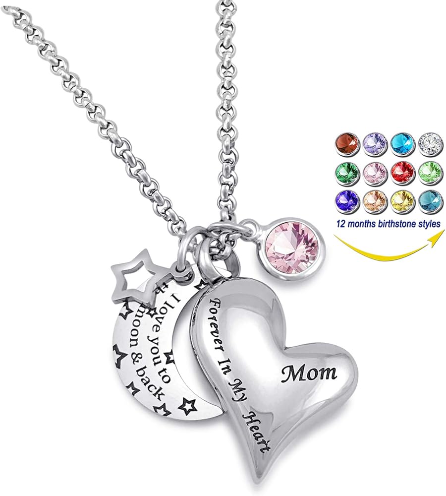 YOUFENG Urn Necklaces for Ashes I Love You to the Moon and Back for Mom Cremation Urn Locket Birthstone Jewelry