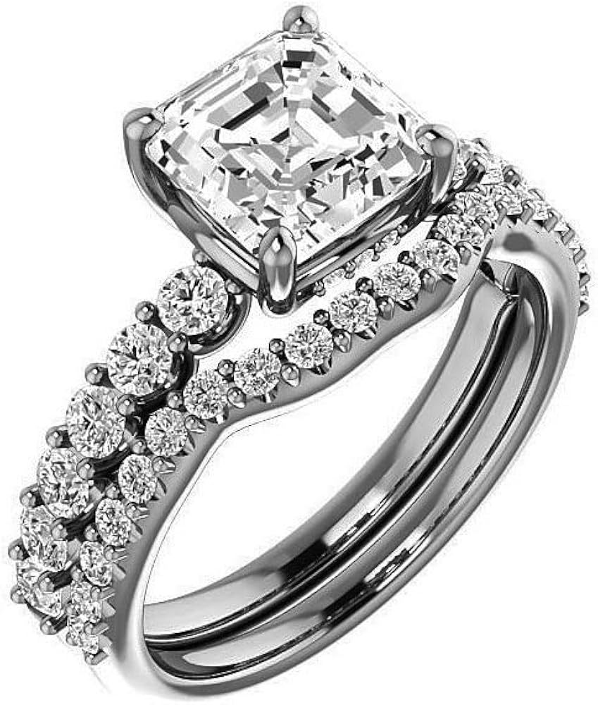 JEWELERYN Lovely Solitiare Halo Bridal Ring Set, Asscher 4 CT Wedding Ring, 925 Sterling Silver Jewelry, Accented Ring Set, Perfect for Gift