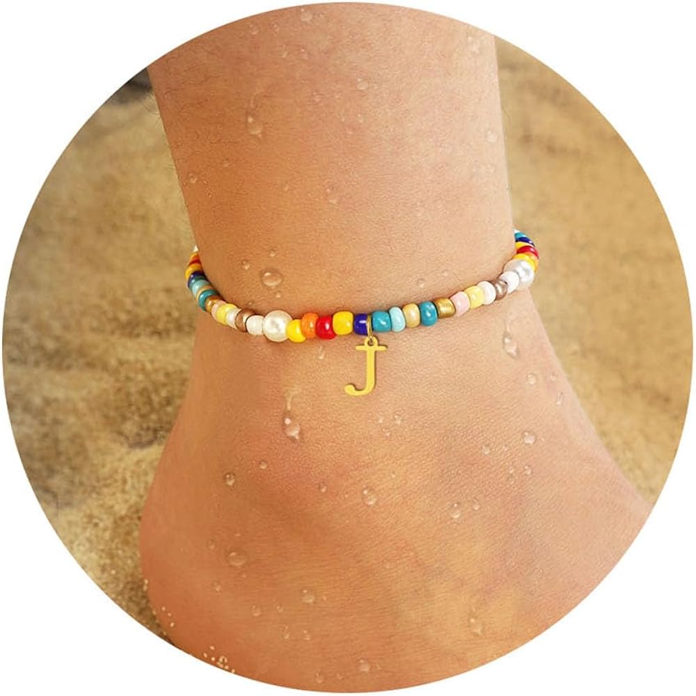 Initial Ankle Bracelets for Women Boho Beaded Anklet Bracelet Gifts for Teen Girls Coloful Bead Letter Gold Plated Charm A-Z Engraved Stretch Summer Beach Birthday Christmas Jewelry for Girlfriend Sister Daughter