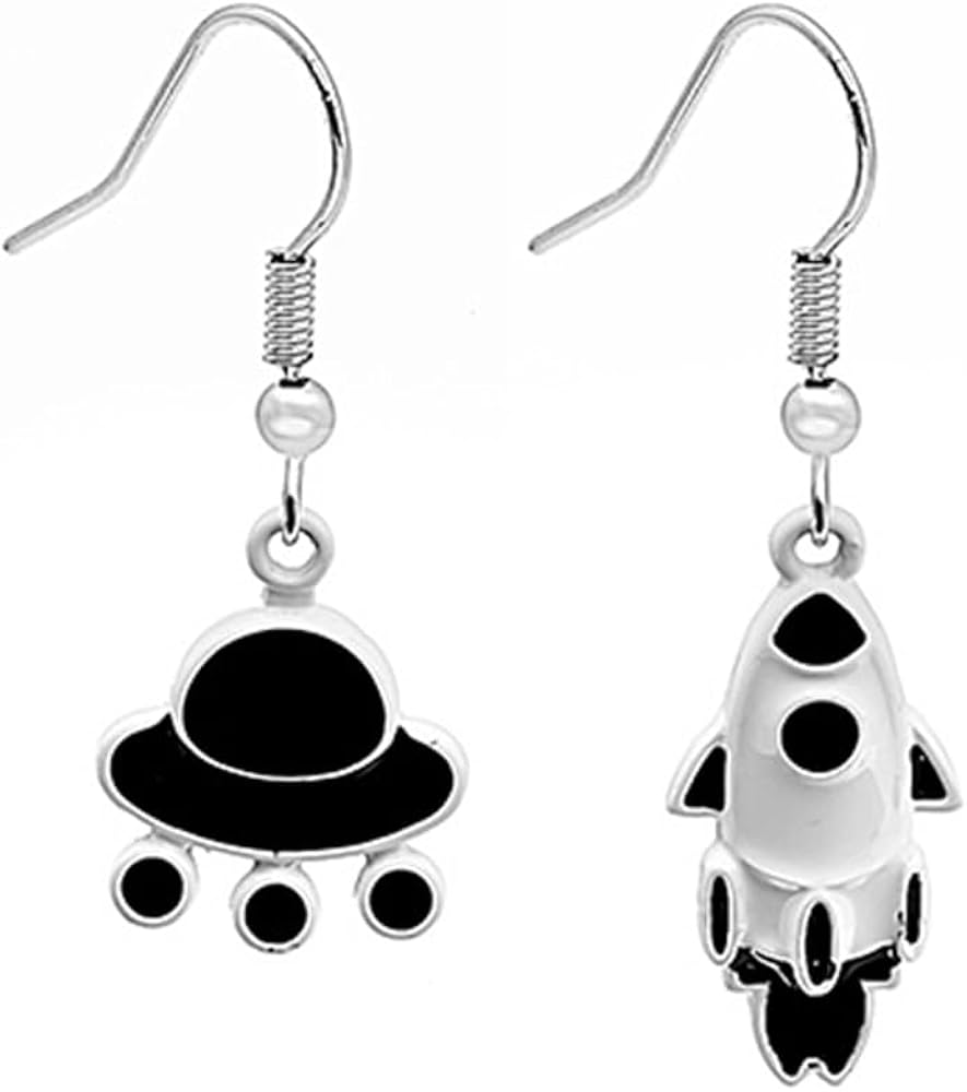 Spaceship Rocket Ship Earrings for Women Teen Girls Creative Cute Asymmetric Black Cartoon Outer Space Spacecraft Planet Geometric Dainty Dangle Drop Earrings for Space Lover Fashion Jewelry Gifts