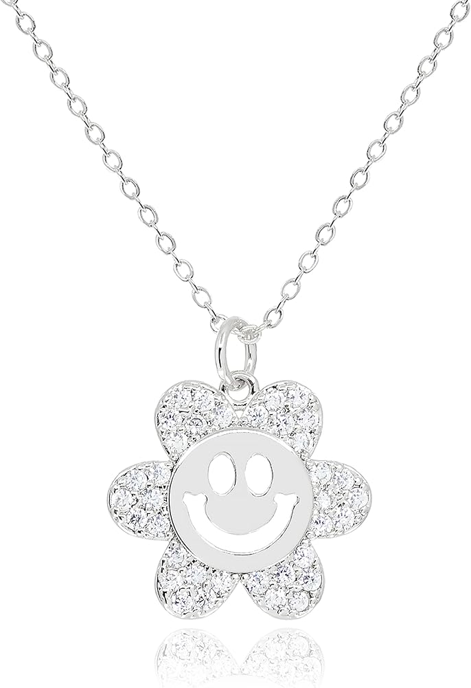 Smile Flower Pendant Necklace for Women 18K Gold Plated CZ Rhinestone Smiley Face Sun Flower Charm Cute Preppy Jewerly Gifts for Teen Girls [SMN-FL-S]