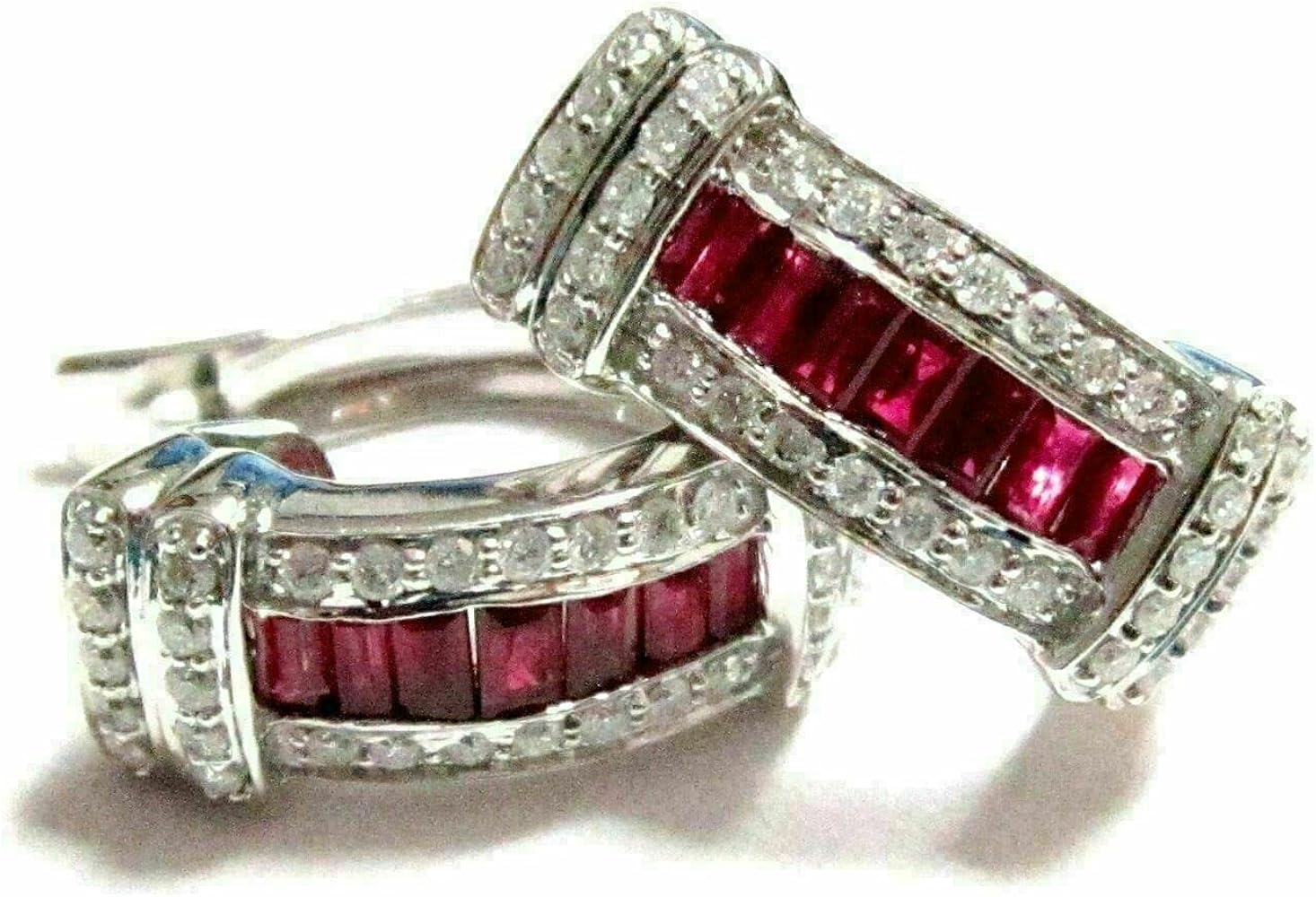 2Ct Baguette Cut Red Ruby & Diamond Huggie Hoop Earrings 14K White Gold Plated