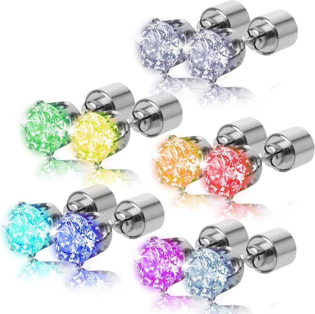 5 Pairs LED Earrings, IC ICLOVER Color Changing Light Up Earring Diamond Crown Studs, Valentine's Day Flashing Blinking Dance Rave Party Colorful Glowing up Decoration Gift for Men Women Boys Girls