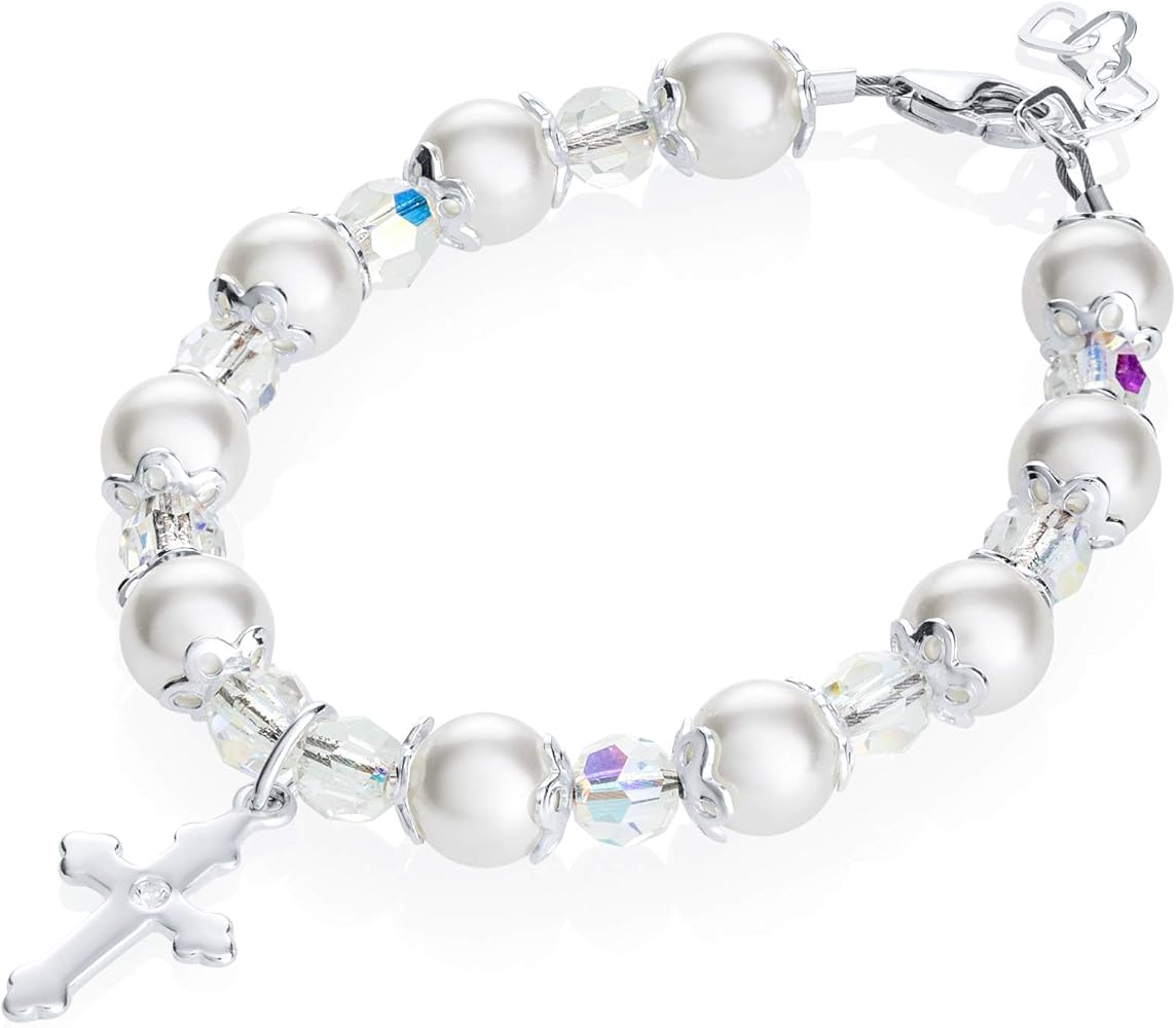 Delicate Sterling Silver Cross Charm Newborn Baby Bracelet - With Pink European Simulated Pearls, Crystals and Silver Spacer Beads - Best Baptism and Christening Gift for Girls and Boys (BBCCR)