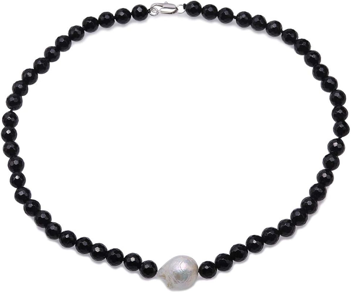 8mm Faceted Round Black Agate Necklace with Baroque Pearl Pendant Single Strand Jewelry 18"