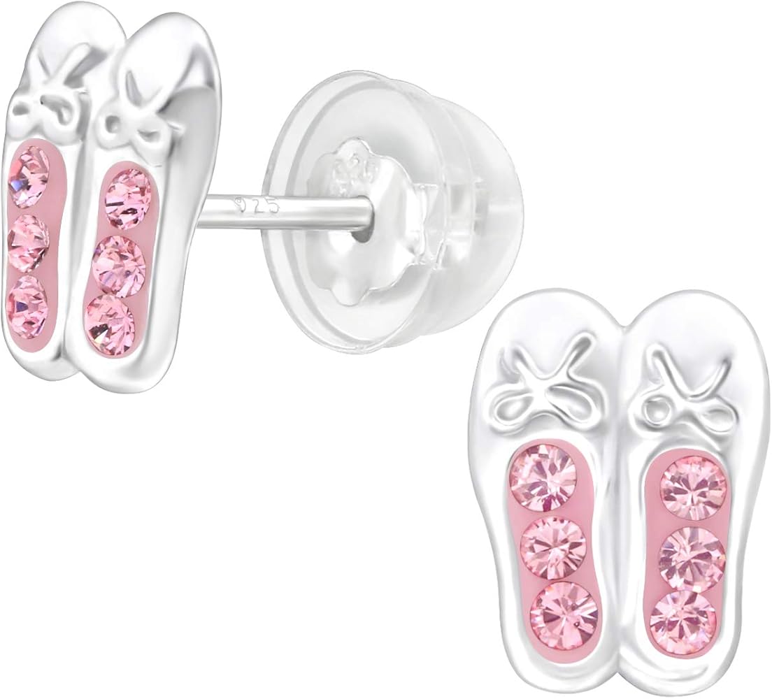 Hypoallergenic 925 Sterling Silver Ballerina Shoes Stud Earrings Adorned with Cubic Zirconia and Comfort Fit Push Back Closings for Girls