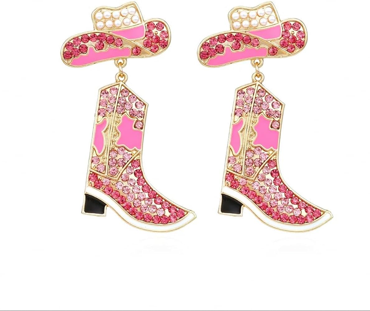 Rhinestone Western Cowboy Dangle Earrings for Women Girls Long Pink Crystal Cowgirl Boots Hat Nashville Statement Charms Drop Dangling Stud Earrings Fashion Nickel Free Festival Party Trip Y2K Jewelry Gifts