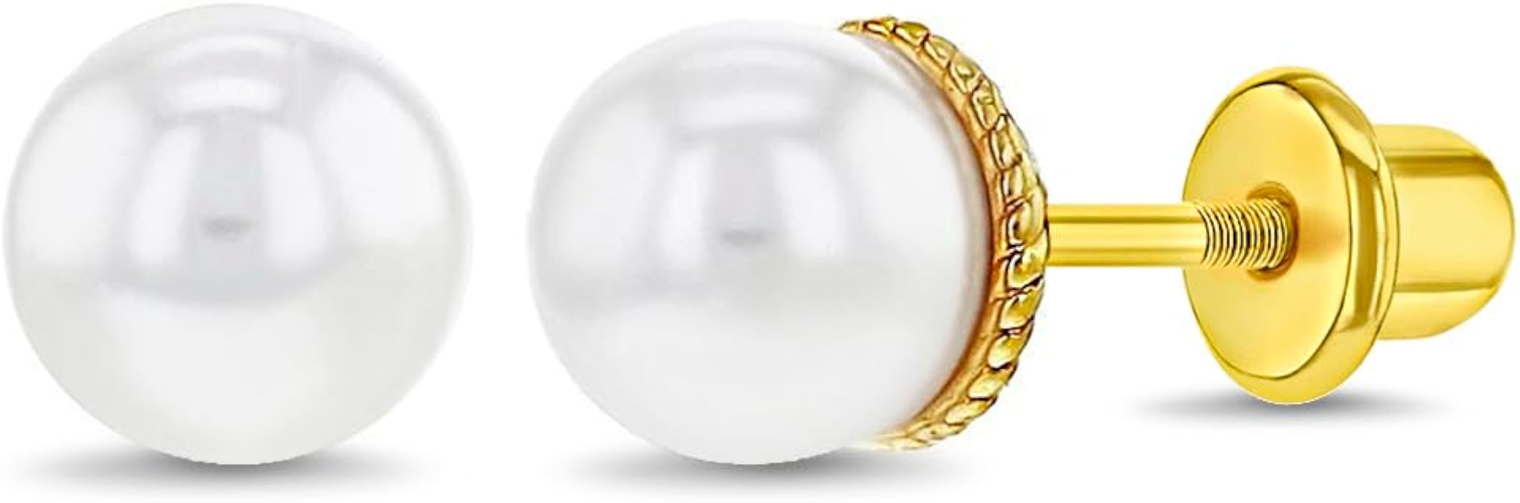 Classic White Simulated Pearl Rope Bezel Gold Plated Screw Back Baby Earrings - Timeless and Elegant Jewelry Perfect Accessories for All Occasions - For Infants, Toddlers, and Little Girls