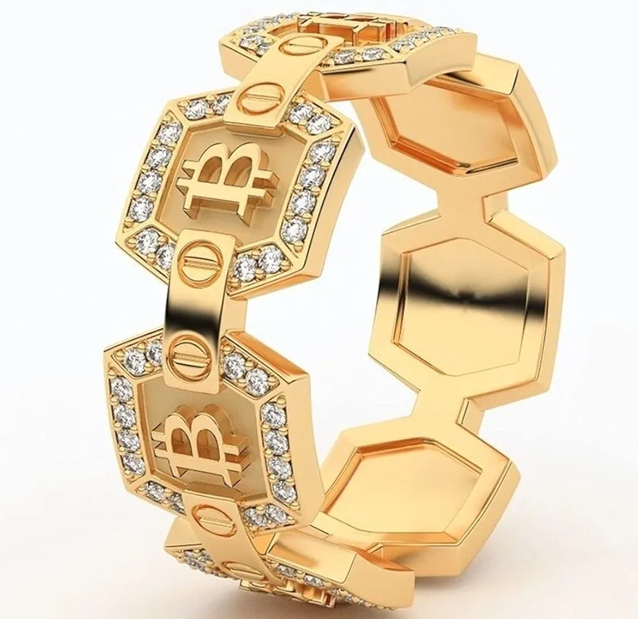 Cool Luxury Crystal BTC Bitcoin Designed Ring for Cosplay Birthday Party Decoration and Gifts Gold Ring Jewelry