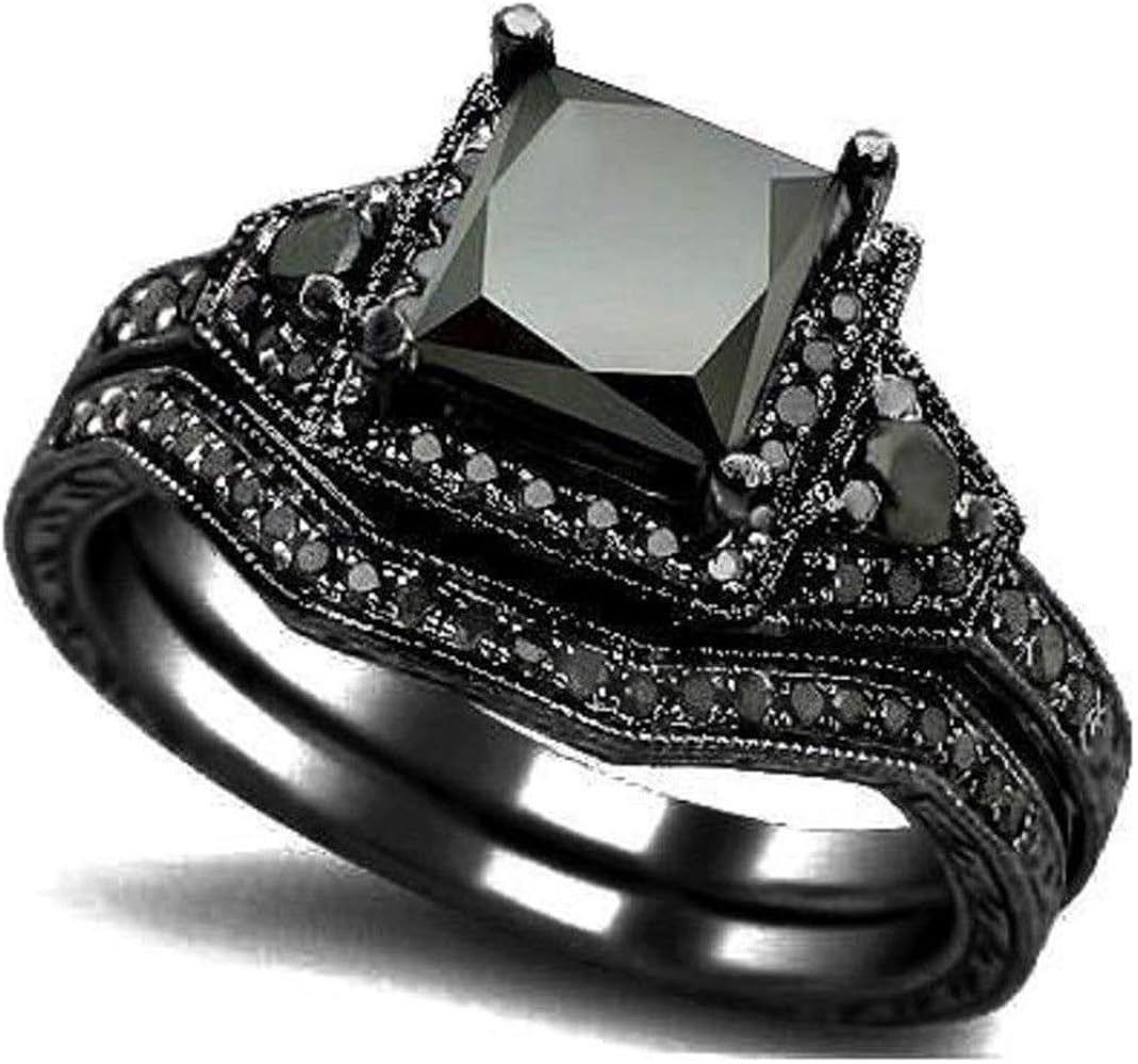 Black Onyx Princess Cut Anniversary Wedding Bridal Ring Set