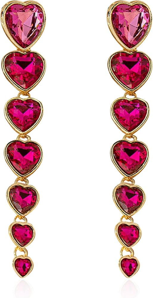 Just Follow Hot Pink Long Tassel Rhinestone Heart Earrings Crystal Love Heart Dangle Earrings Wedding Bridal Statement Earrings Jewelry Gifts for Women Teen Girls