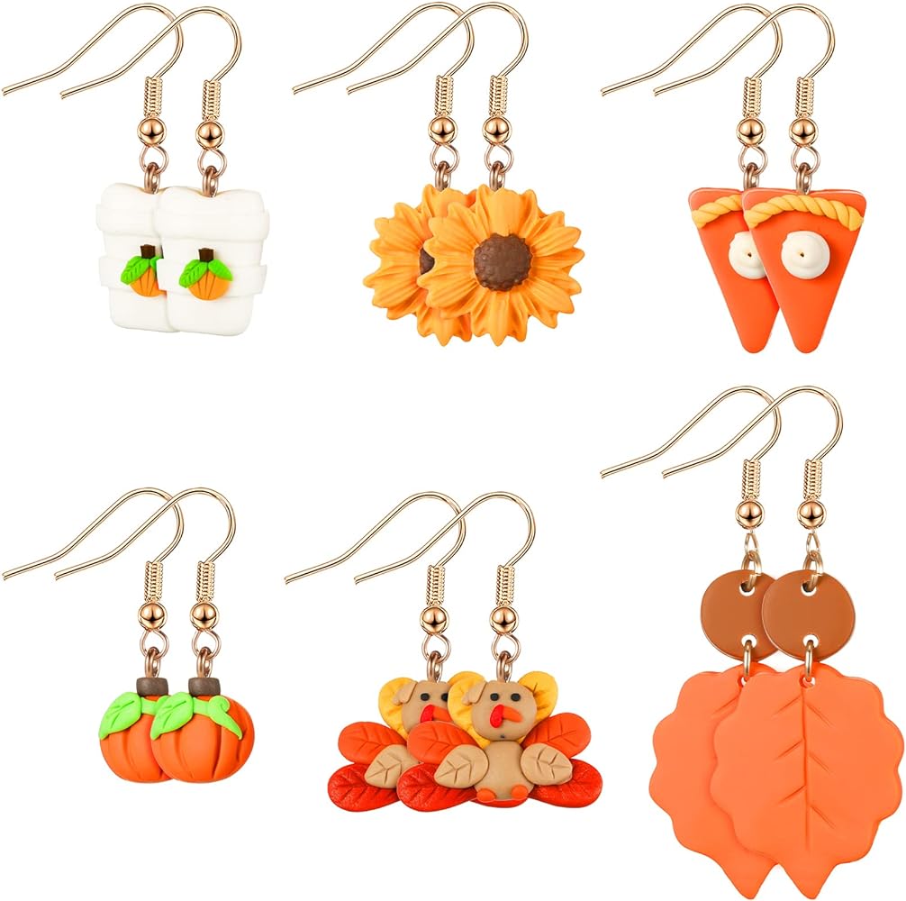 6 Pairs Thanksgiving Fall Earrings Pumpkin Pie Candy Dangle Earrings Polymer Clay Earrings for Women Girls