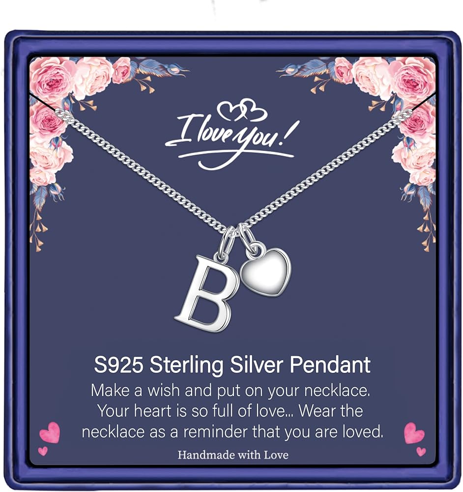 STORUP S925 Sterling Silver Pendant Heart Initial Necklaces for Girls Women, Dainty Tiny Heart Initial Necklaces for Girls Jewelry Christmas Birthday Gifts Valentine's Day Gifts for Teen Girls Women