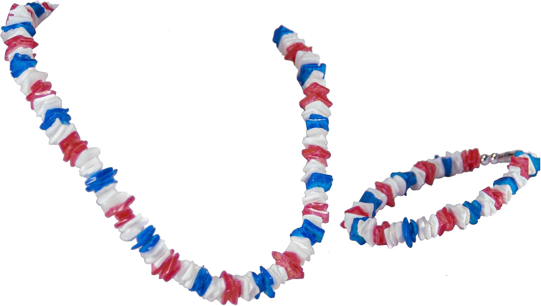 BlueRica 2 Piece Set ~ Red, White and Blue Puka Chip Shells Necklace & Anklet