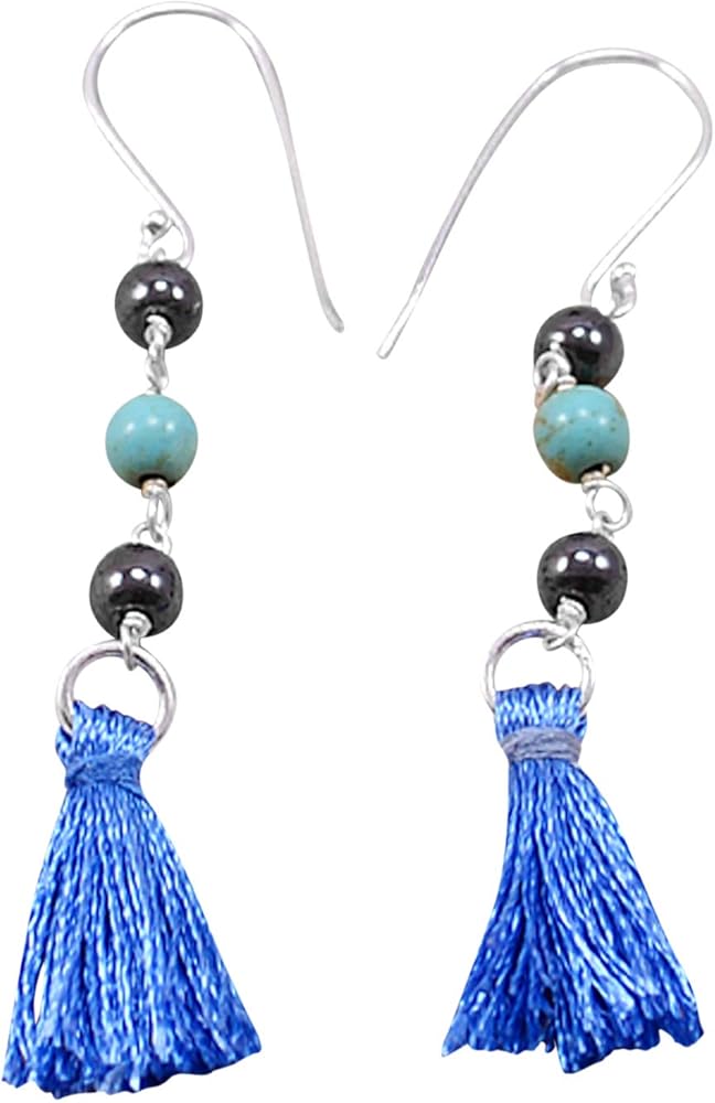 Silvesto India Wire Wrapped 4 mm Turquoise & Hematite, 92.5 Sterling Silver Dangle Earring, Jaipur Rajasthan India,Tassel Jewelry Handmade Jewelry Manufacturer