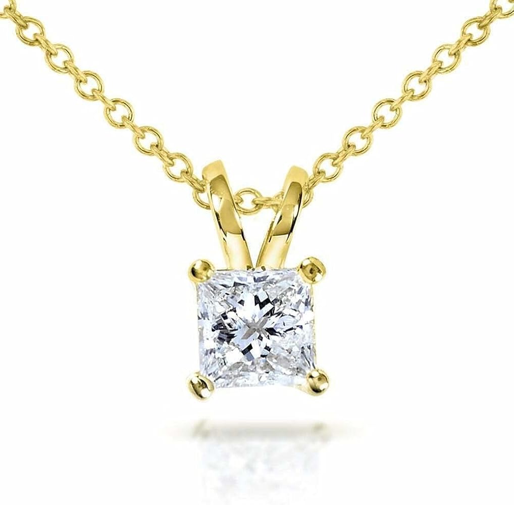 1.00 ct Princess Cut Solitaire Diamond 14k Yellow Gold Plated Pendant 18" Chain