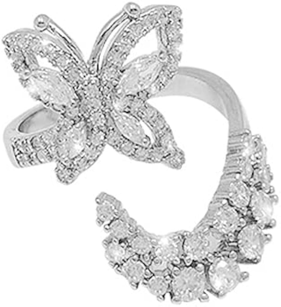 Sparkling Crystal Butterfly Open Statement Rings for Women Girls Rhinestone CZ Crescent Moon Climber Finger Band Engagement Promise Ring Expandable Dainty Jewelry Gifts BFF