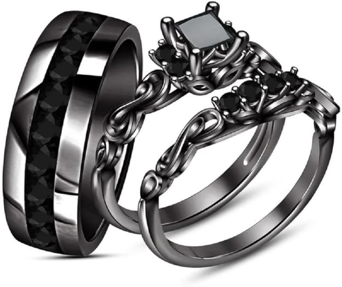 Indi Gold & Diamond Jewelry 3.00Ct Princess Cut Created Black Diamond Wedding Trio Ring Set for Him & Her 14K Black Gold Finish,925 Sterling Silver