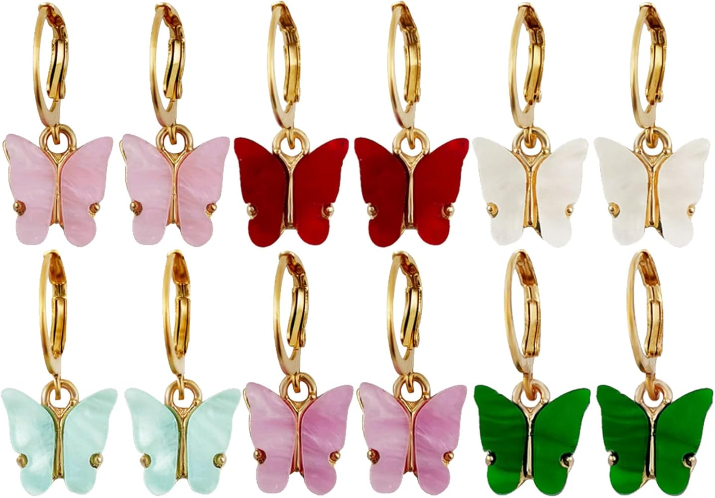 6Pairs Colours Crystal Stone Butterfly Huggie Hoop Earrings Set Elegant Cute Acrylic Insect Drop Earrings Dainty Jewelry Gifts for Women Teen Girls Gold Plated