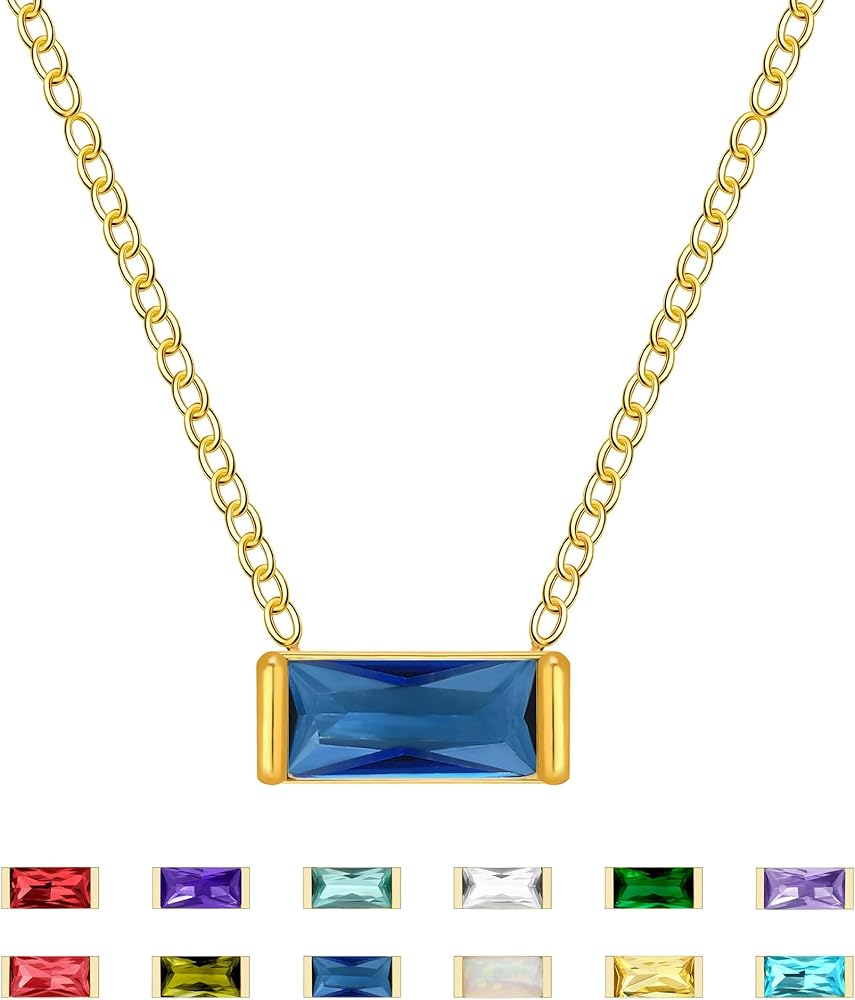 Dainty Emerald Cut Diamond Birthstone Necklace 18K Gold Plated for Women Trendy, Cute Baguette Cubic Zirconia Crystal Pendant Necklaces Birthday Gifts