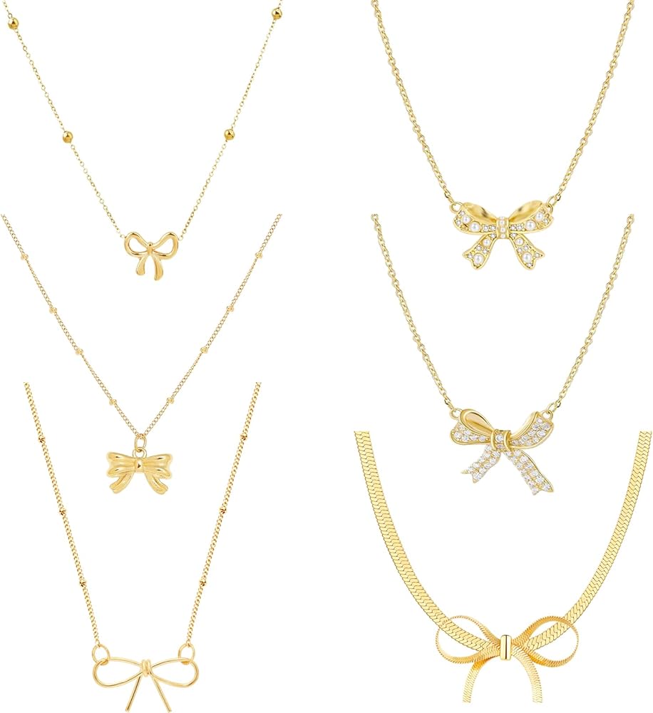 NEWITIN 6 Pieces 14K Gold Necklaces for Women Chain Chokers Necklaces Cross Necklace Bow Necklace Pearl Necklace Gold Layered Necklace for Women