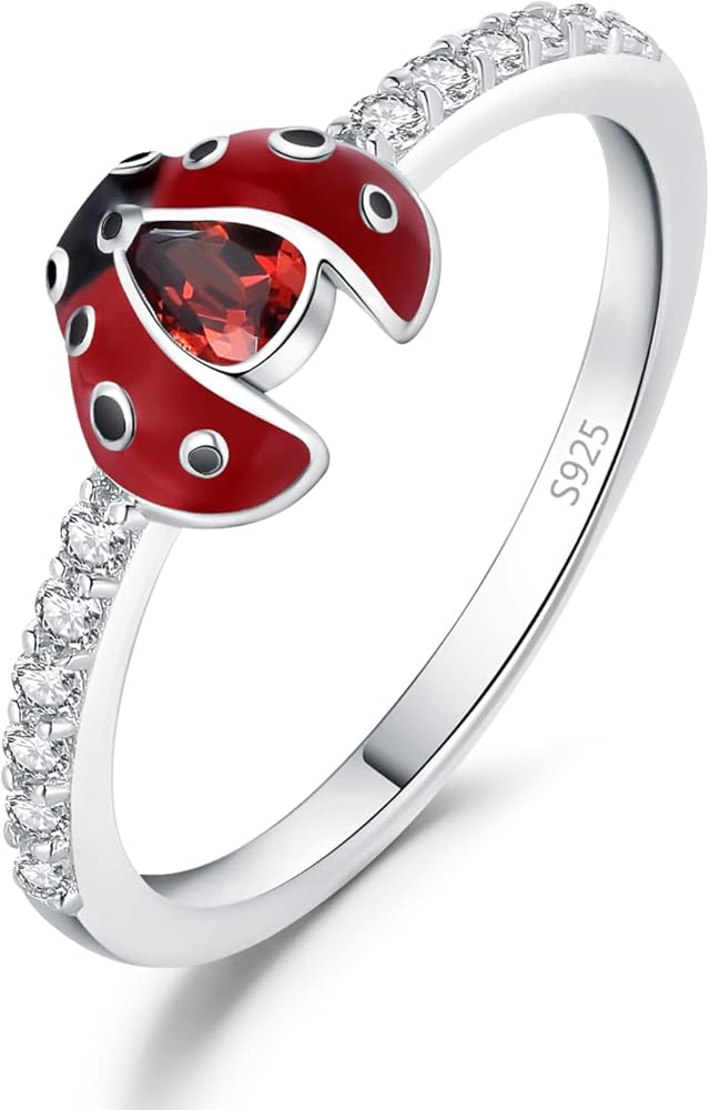 JewelryPalace Coccinella Septempunctata 0.6ct Pear Genuine Red Garnet Ladybug Rings for Women