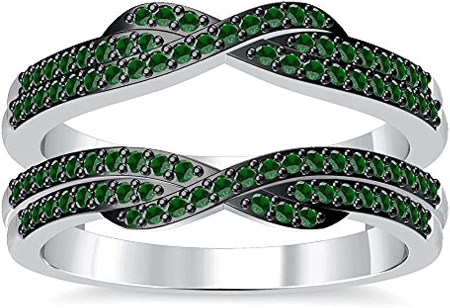 0.75 CT Round Cut Green Emerald Knot Wedding Band Enhancer Guard Double Ring 14K White Gold Finish Sterling Silver 925 Sterling Silver