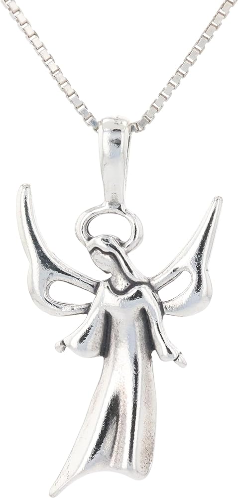 Sterling Silver Winged Angel Pendant with 18 Inch Silver Box Chain Necklace Religious Gift